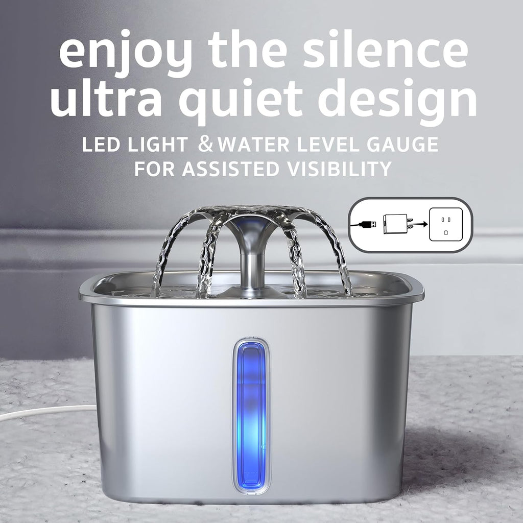 Innovation Award Winner Stainless Steel Cat Water Fountain, 95Oz/2.8L Automatic Pet Fountain Dog Water Dispenser with Replacement Filters & Silicone Mat, Gifts for Christmas, Cats, Dogs (Silver)