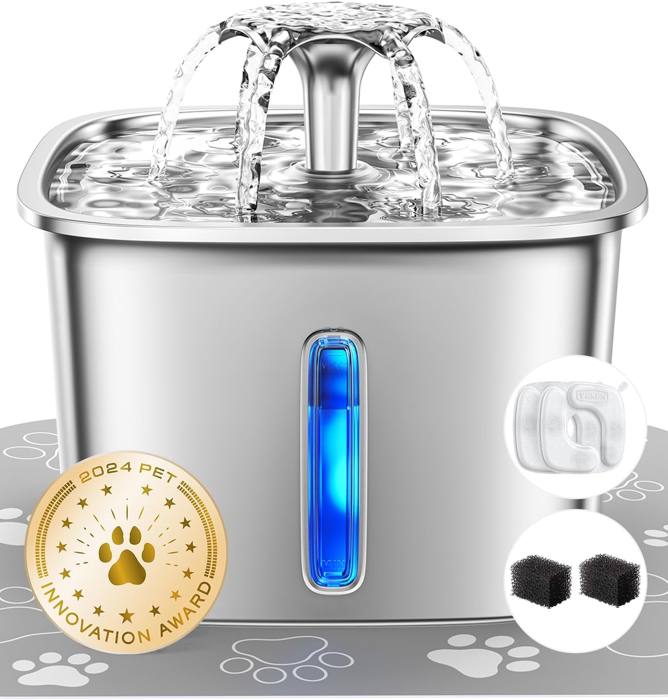 Innovation Award Winner Stainless Steel Cat Water Fountain, 95Oz/2.8L Automatic Pet Fountain Dog Water Dispenser with Replacement Filters & Silicone Mat, Gifts for Christmas, Cats, Dogs (Silver)