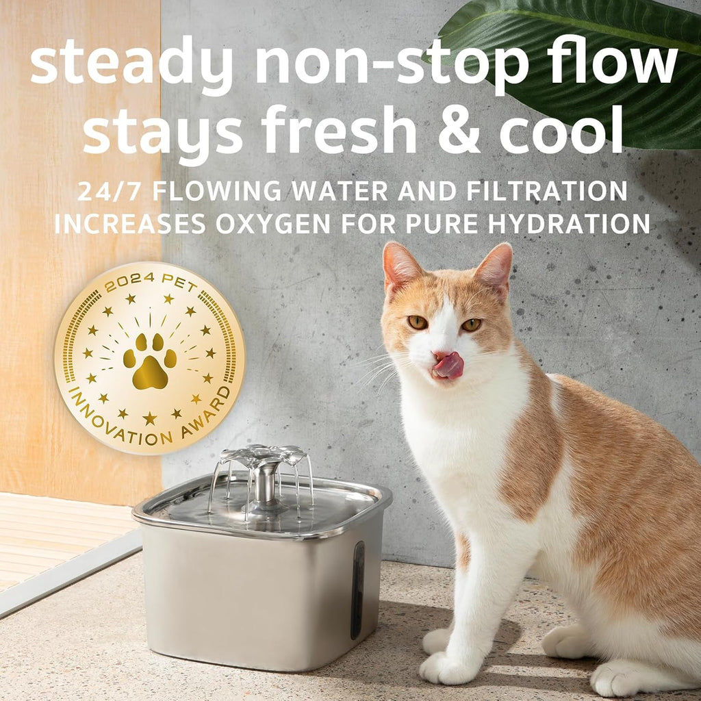 Innovation Award Winner Stainless Steel Cat Water Fountain, 95Oz/2.8L Automatic Pet Fountain Dog Water Dispenser with Replacement Filters & Silicone Mat, Gifts for Christmas, Cats, Dogs (Silver)